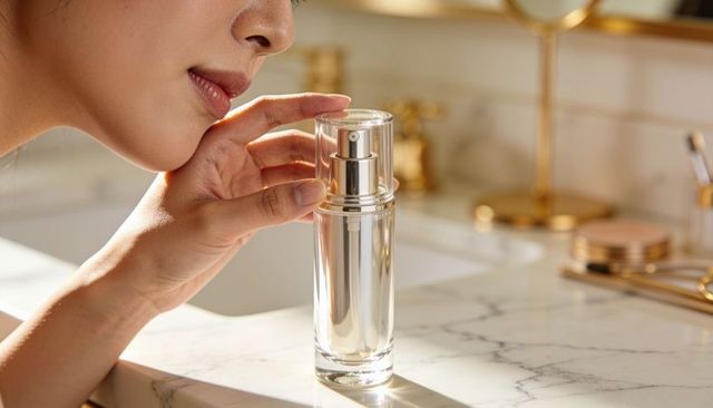 Asian woman spritzing perfume on neck at marble vanity with luxury gold accents and glass atomizer