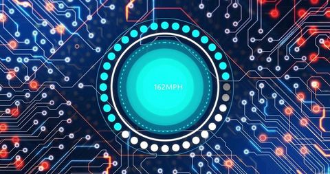 Futuristic digital speed gauge with neon circuit design