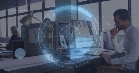 Futuristic office technology in open workspace