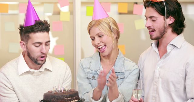 Friends Celebrating Birthday with Cake and Party Hats - Download Free Stock Images Pikwizard.com