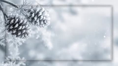 Panning winter close-up: frosted pinecones on twig with falling snow and soft bokeh