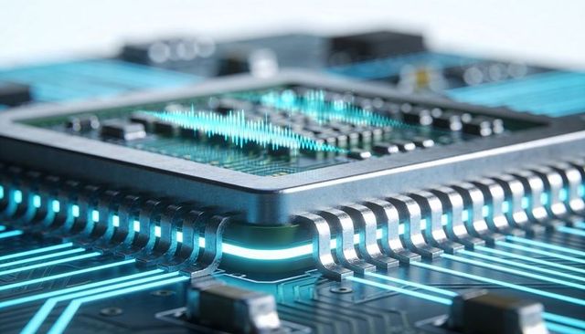 Neon-Glowing AI Processor Chip with Curved Pins and Circuit Waveform Macro Close-Up