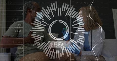 Clinician examining patient arm with hud data overlay wearing masks and gloves in clinic futuristic