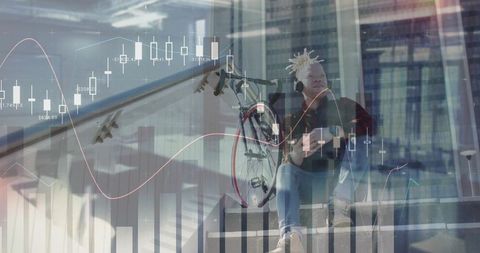 Urban cyclist pausing on steps with bicycle and headphones overlaid with financial charts