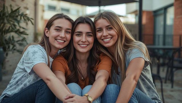 Three young women smiling leaning together on sunlit café terrace