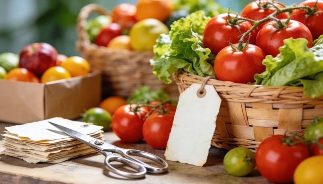 Rustic wicker basket overflowing with vine tomatoes and fresh lettuce for market display