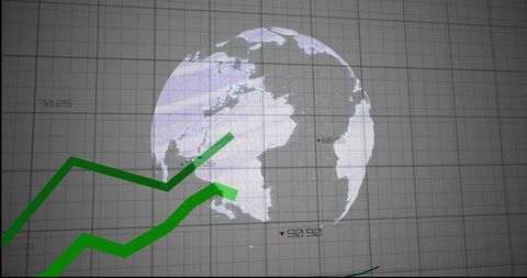 3d globe dashboard with green growth lines over grid for global analytics and geospatial insights