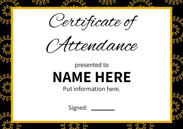 Certificate template featuring an elegant black and gold border design. Ideal for recognizing attendance at events, educational programs, and volunteer activities. Easily customizable with recipient's name, event details, and signature. Perfect for schools, companies, non-profits, and events. This template ensures professional and stylish presentation.