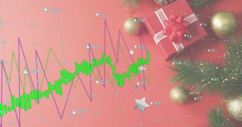 Festive candlestick chart overlaying red tabletop with wrapped gift, gold ornaments and data lines