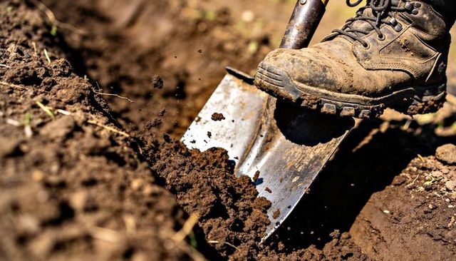 Muddy work boot pressing shovel blade into dark garden soil digging trench