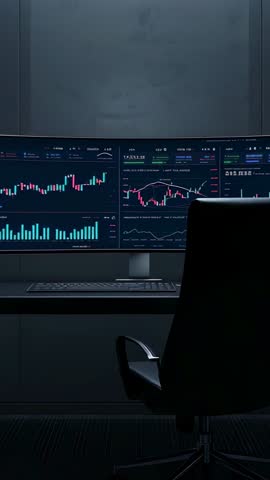 Vertical video showing trading desk with triple monitors displaying live financial charts