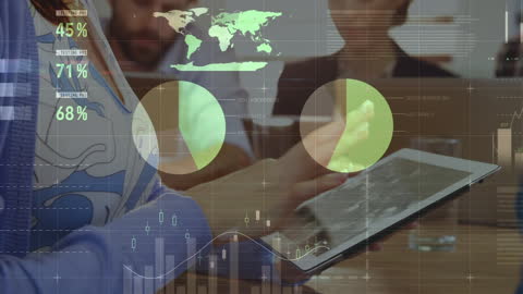 Woman Using Tablet Amidst Global Financial Data Animation