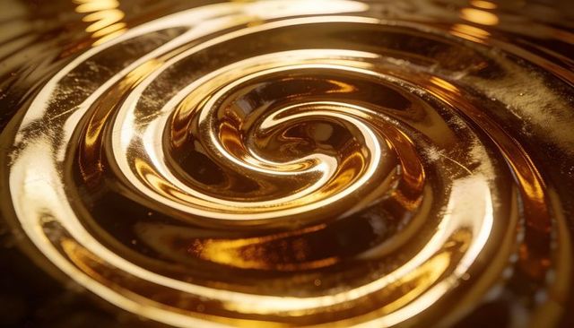 Swirling glossy golden syrup spiral macro texture with warm reflective highlights