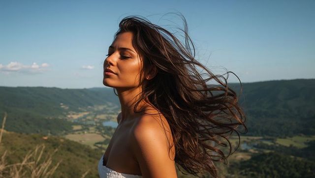 Young woman enjoying breeze on sunlit hillside, hair flowing, overlooking valley and river