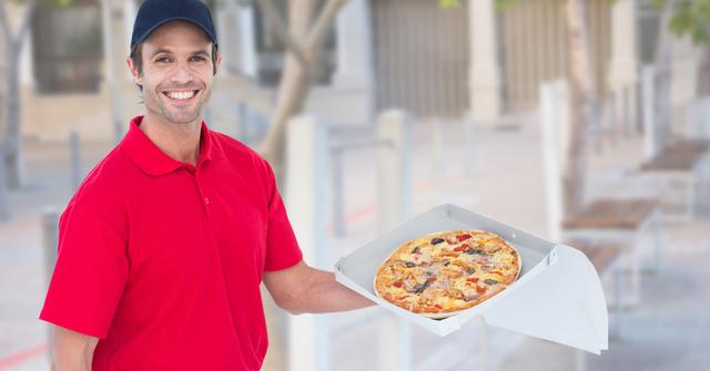 Digital composite of Happy delivery man holding pizza box