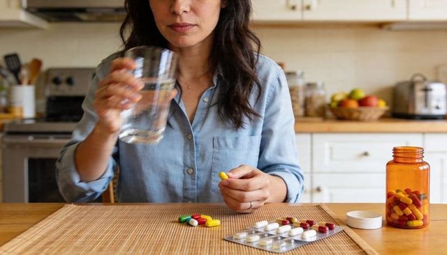 Woman taking daily medication in kitchen holding glass of water with pill bottle and blister pack