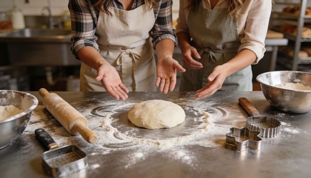 Artisanal bakers shaping dough on floured stainless counter with rolling pin and cutters