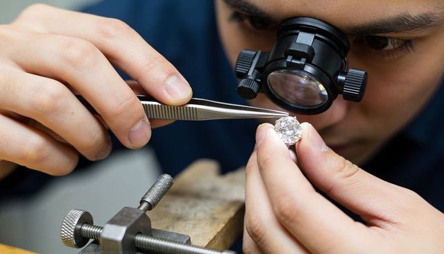 Asian jeweler inspecting round-cut diamond with loupe and tweezers at workbench