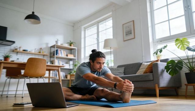Man stretching on yoga mat with laptop in bright minimalist living room, home workout