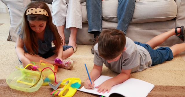 Children Playing and Drawing in Living Room - Download Free Stock Images Pikwizard.com