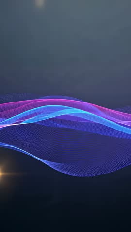 Vertical abstract flowing ribbon mesh undulating neon magenta, purple, cyan waves with glowing orbs
