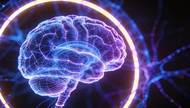 Glowing holographic wireframe brain rotating inside neon ring for ai neuroscience concept