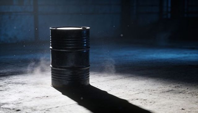 Rusty Steel Barrel Bathed in Blue Backlight Casting Long Shadow in Abandoned Warehouse