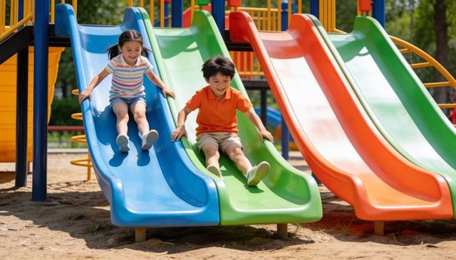 Two children sliding on colorful playground slides smiling and playing outdoors