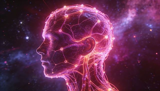 Neon neural network human profile in cosmic space with glowing nodes and filaments