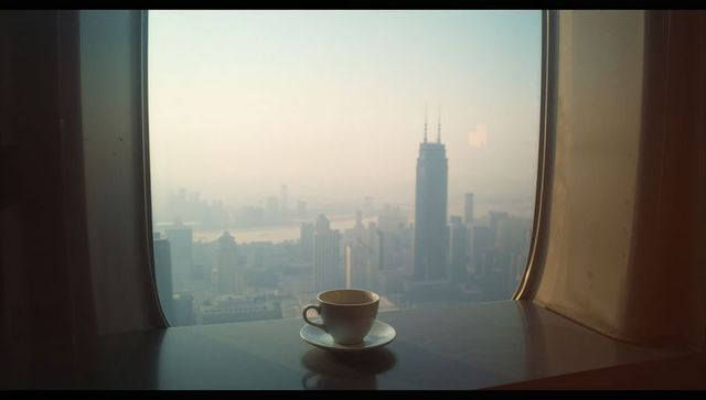 Tranquil urban morning with coffee and city skyline background
