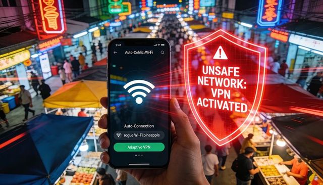Holding smartphone showing vpn warning at neon night market with crowded street bazaar