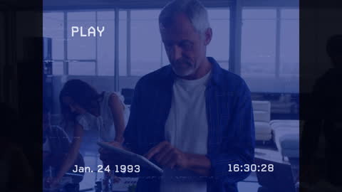 Retro-Style Business Meeting with Digital Tablet Interaction