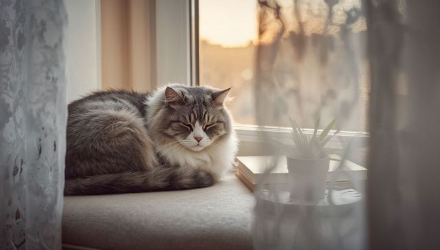 Fluffy gray white cat lounging on window sill at sunset with succulent and books