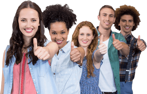 Diverse Team Giving Approval with Thumbs Up on Transparent Background