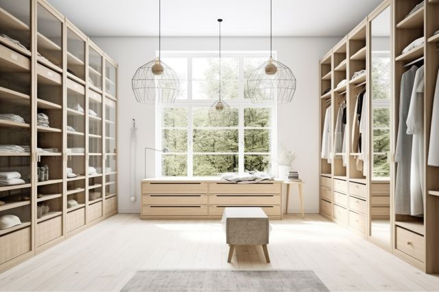 This image features a spacious, modern walk-in closet with floor-to-ceiling wooden shelves neatly lined with clothing and essentials. The large window allows ample natural light to illuminate the room, highlighting the minimalist design and sense of luxury. Ideal for articles or advertisements on home interior design, storage solutions, and organization. Suitable for use in blogs, magazine spreads, and social media posts promoting modern and elegant living spaces.