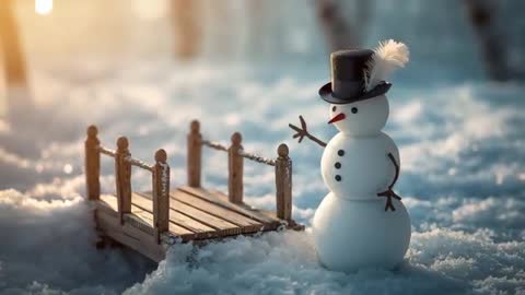Charming Winter Scene with Snowman and Wooden Bridge