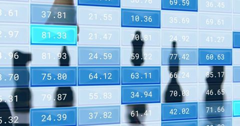 Blue numeric dashboard overlaying blurred corporate silhouettes, data tiles and analytics
