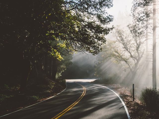 Serene view of a winding road illuminated by sunlight filtering through a misty forest. Ideal for travel blogs, nature magazines, promotional materials for outdoor adventures, and inspirational posters conveying peace and tranquility.