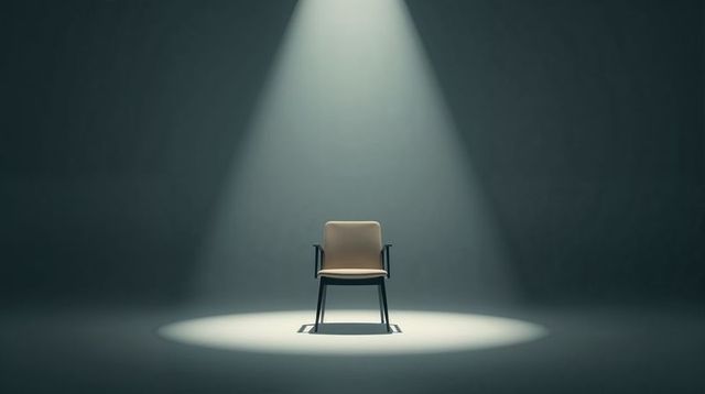 Solitary Beige Chair Sitting Under Spotlight on Dark Minimal Stage