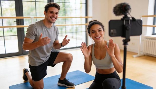 Smiling fitness duo recording guided workout on smartphone tripod in bright studio