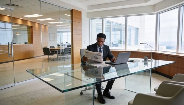 Executive reading newspaper at glass desk while working on laptop in modern corner office