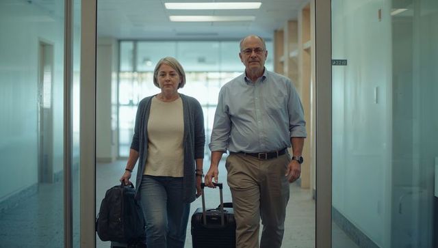 Mature couple walking through transit pulling suitcase and carrying backpack