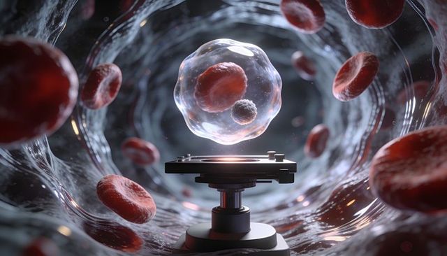 Transparent cell vesicle floating above sample stage inside blood vessel with red blood cells
