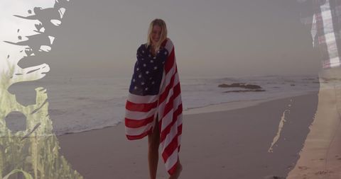 Joyful Woman Embracing USA Flag on Serene Beach