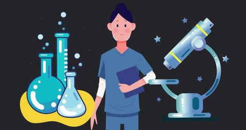 Scientist woman with equipment in whimsical science scene