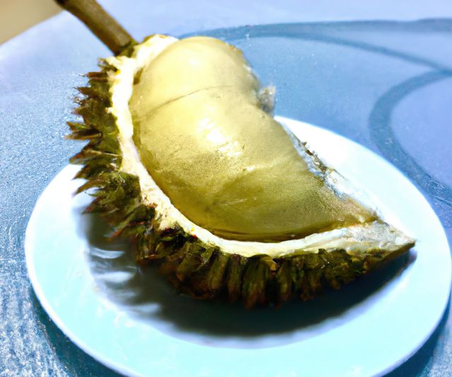 Close up of durian fruit on blue background created using generative ai technology. Fruit and nature concept, digitally generated image.