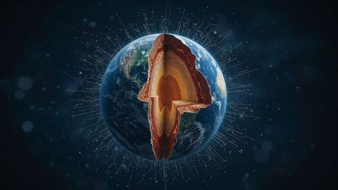 Cutaway planet with geologic layers in digital space