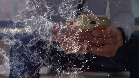 Man Using Smartphone Surrounded by Digital Network Visualization
