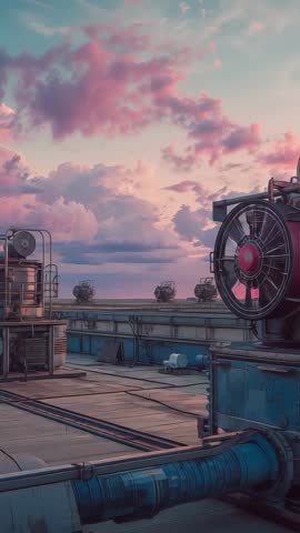 Rooftop ventilation fan rotating at dusk with red hub, cinematic vertical panning video