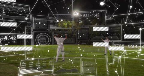 Baseball players training with augmented reality hud and performance data overlays